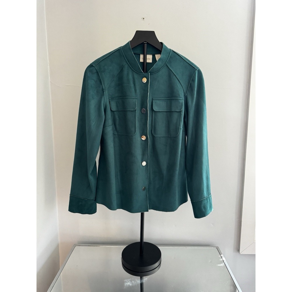 Chico's Faux Suede Jacket Sz 0 (S) Green Soft Moto Utility‎ Shacket Holiday